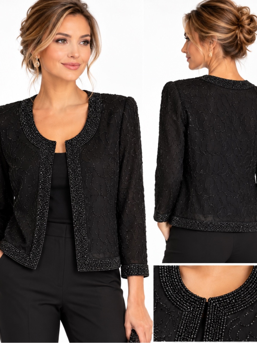Vintage Laurence Kazar Black Silk Beaded Evening Jacket 90s
